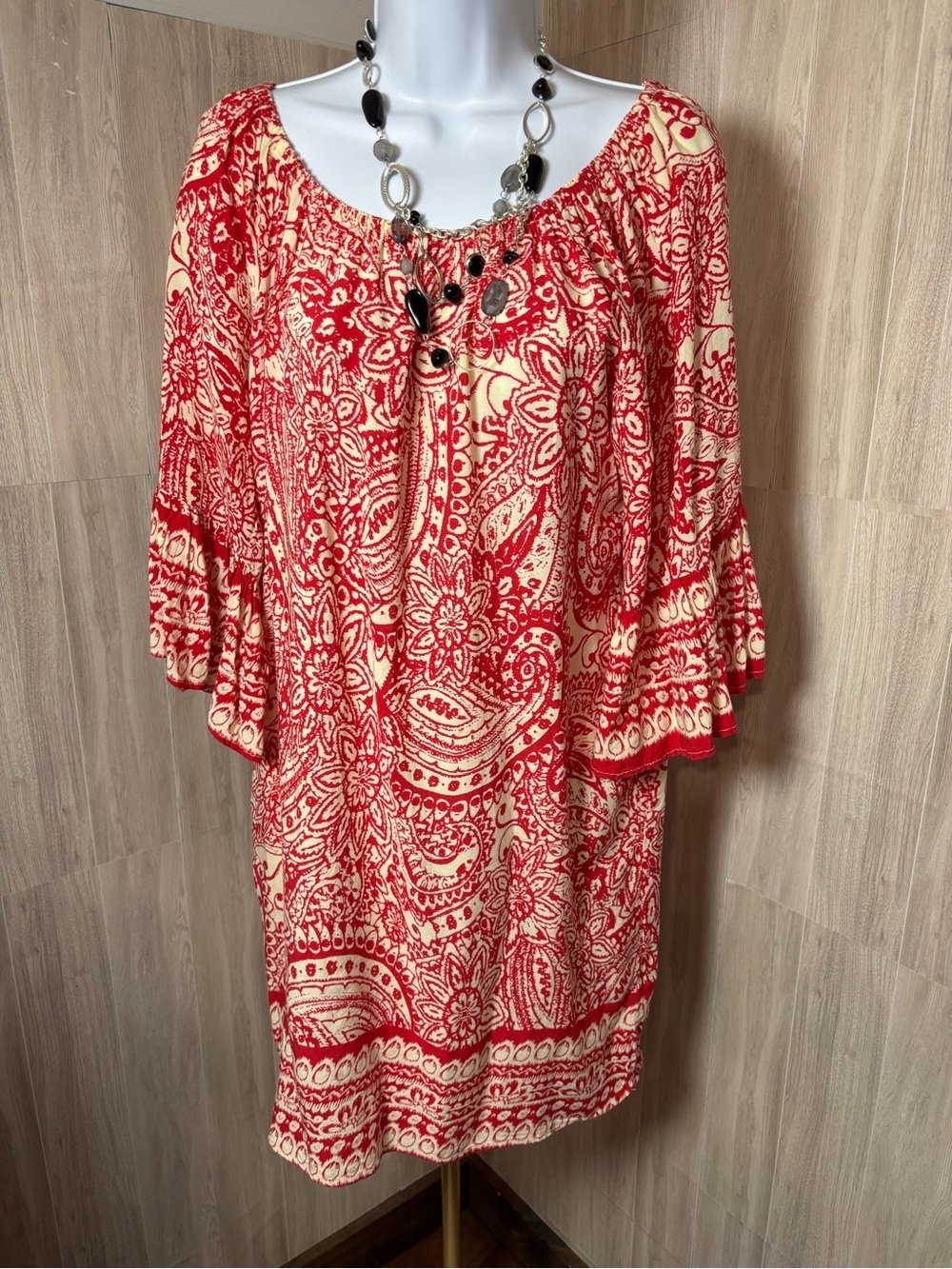 Umgee Red & Cream Paisley Peasant Tunic